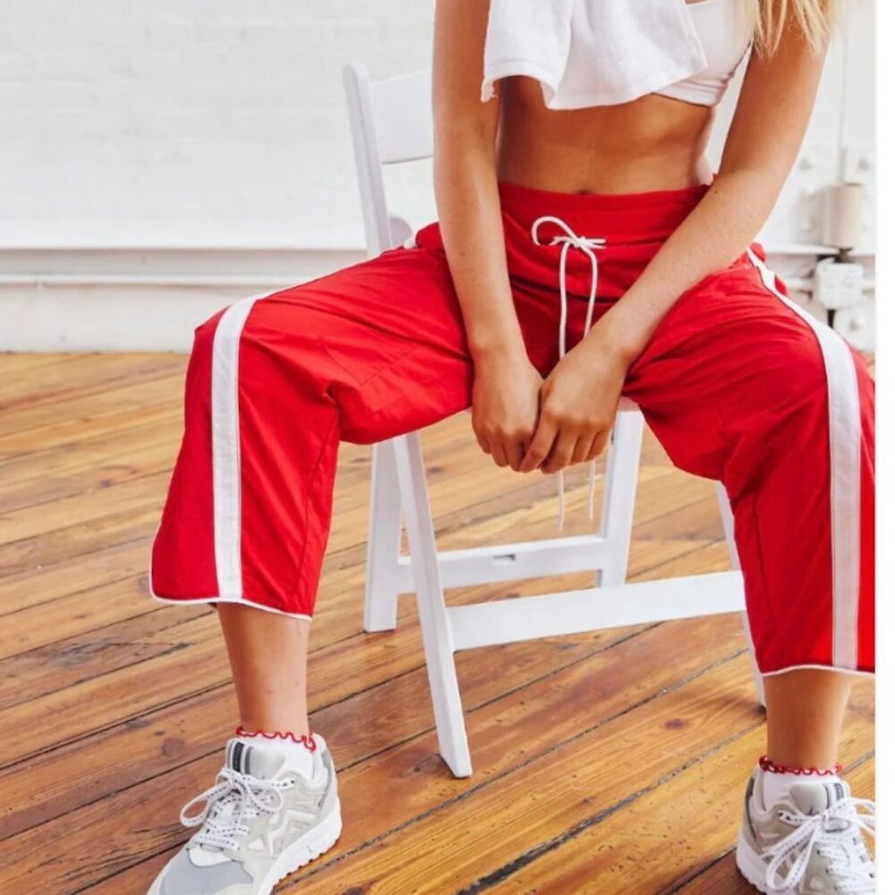Free People Red Track Pants with White Side Stripes